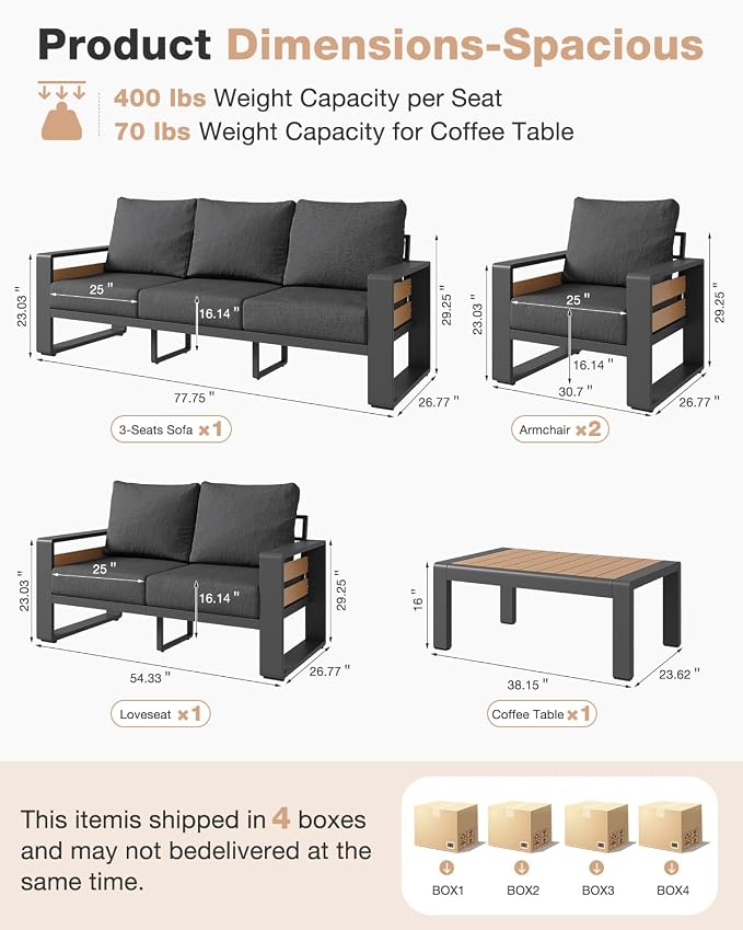 Aoxun Aluminum Patio Furniture Set, 5 Piece Luxury Outdoor Sectional with 6" Olefin Fabric Cushions, Patio Conversation Sets with Coffee Table and Waterproof Cover for Backyard, Porch Dark Grey