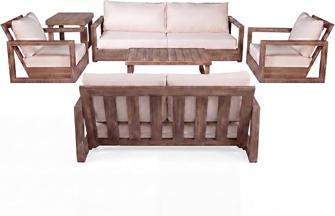 Christopher Knight Home 6-Piece Patio Furniture Set, Acacia Wood Outdoor Sofa Set with 3-Seater Sofa Loveseat 2 Swivel Rocking Chairs Coffee Table Side Table, Deep Seat Patio Conversation Set, Brown