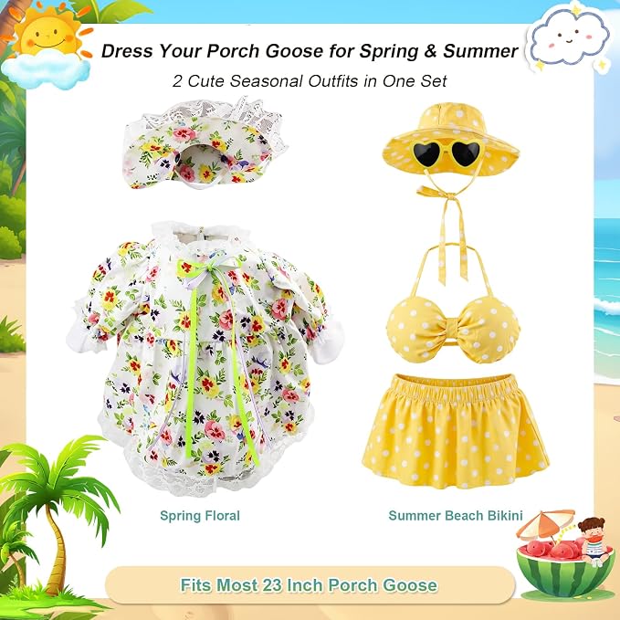 23 Inch Porch Goose Outfits 2 Pack, Summer Goose Clothes with Floral Dress, Hat, Bikini Set, Sun Hat and Heart Sunglasses for Cement Goose Statue Yard Garden Decor