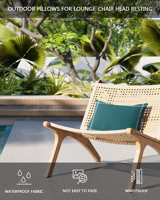 Outdoor Pillows Covers with Inserts Solid Color Teal Waterproof Recliner Pillow with Adjustable Strap Throw Pillows for Patio Furniture Pool Lounge Chair, 11x16 inch, 1PCS