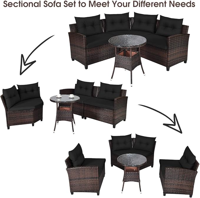 COSTWAY 4-Piece Patio Furniture Set, Wicker Rattan Sofa with Cushions and Coffee Table, Outdoor Sectional Conversation Sofa Set for Poolside Backyard Lawn Backyard (Black)