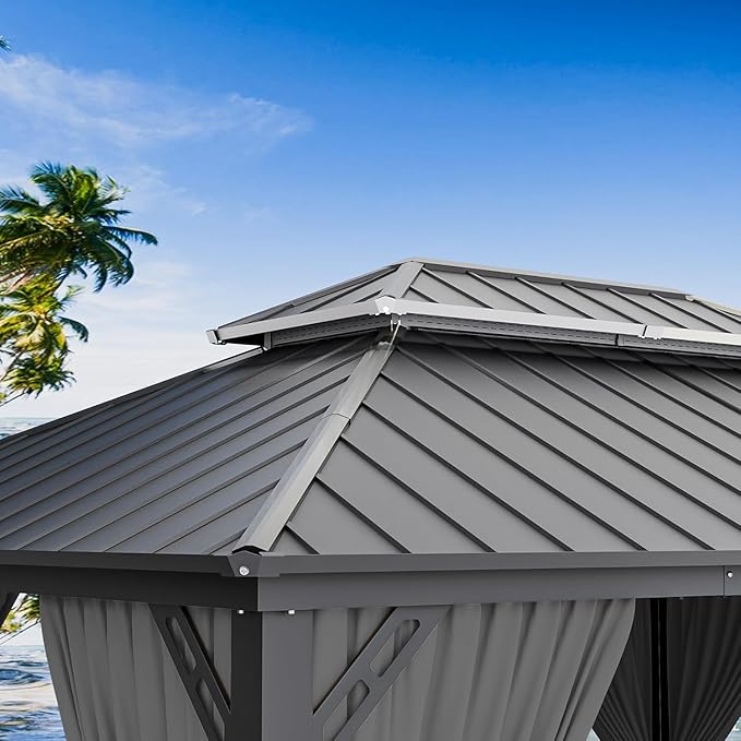 12' x 14' Hardtop Gazebo,Outdoor Permanent Pavilion Double Galvanized Steel Roof Pergola with Nettings and Curtains,Patio Sunshade Gazebos for Patio Lawns Backyard Deck,Grey