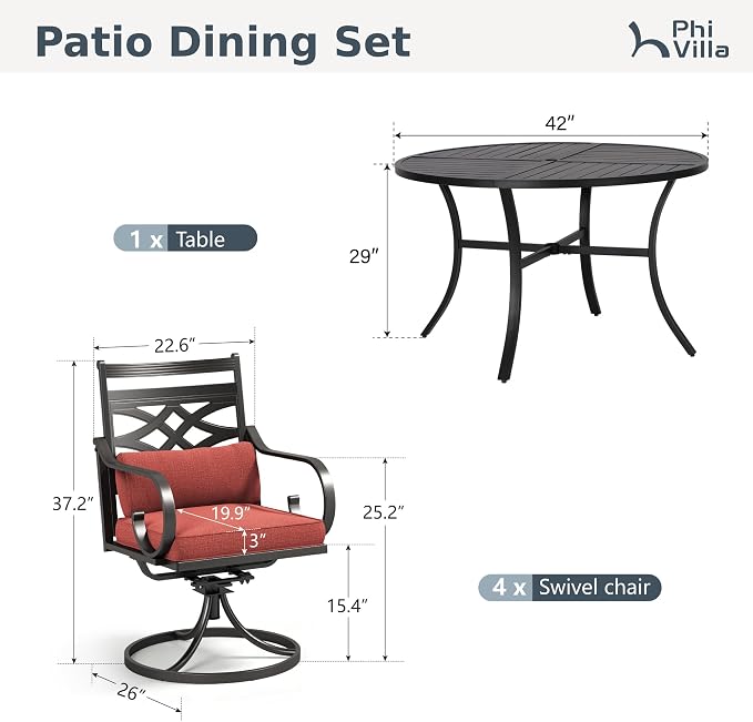 PHI VILLA Patio Dining Set, Swivel Chairs, Round Metal Table | Metal chairs, Red, Umbrella Hole, Cushions, E-coated
