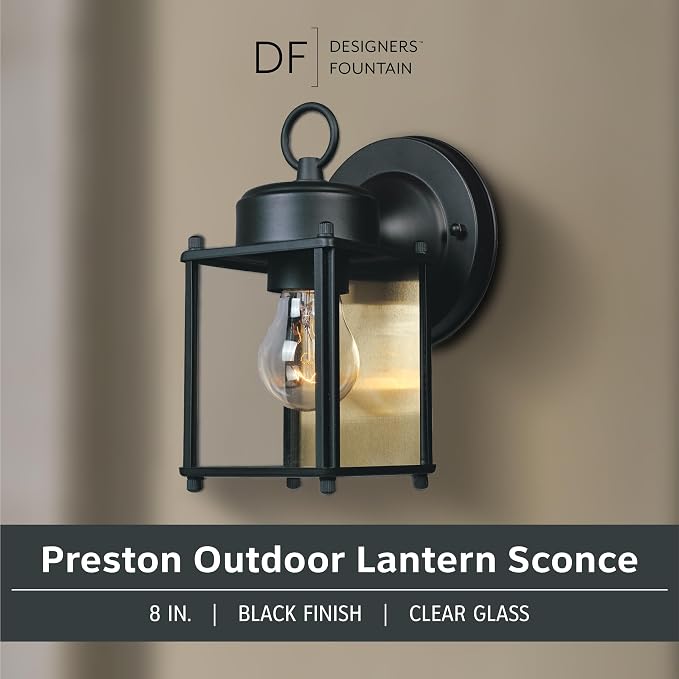 DESIGNERS FOUNTAIN Preston Outdoor Light Fixture, 8 Inch Exterior Wall Lantern Sconce for Front Door, Patio and Porch, Black, 1161-BK