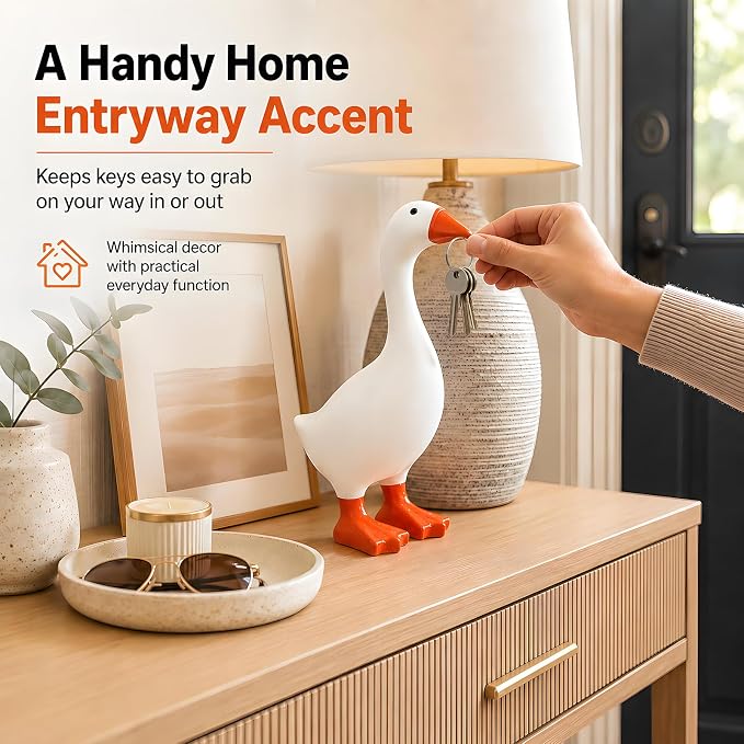 Funny 7 Inch Beak Desk Goose Statue, Cute Mini Porch Goose Figurine, Small Desk Duck with Key Holder Function, Novelty Table Organizer & Gift for Friend Family Colleague Schoolmate.