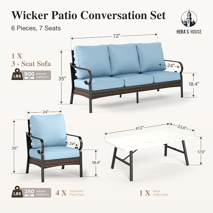 HERA'S HOUSE 6 Piece Metal Patio Furniture Set, All Weather Outdoor Conversation Set with 3-Seat Sofa, 4 Fixed Chairs & Coffee Table, 7 Seats for Backyard, Garden, Deck, Blue
