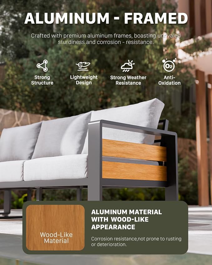 ZANDOR Aluminum Outdoor Patio Furniture Set with Coffee Table, 2 Seats Patio Conversation Sets with Washable Thick Cushions, Outdoor Sectional for Porch, Backyard, Deck, Garden & Poolside, Silver