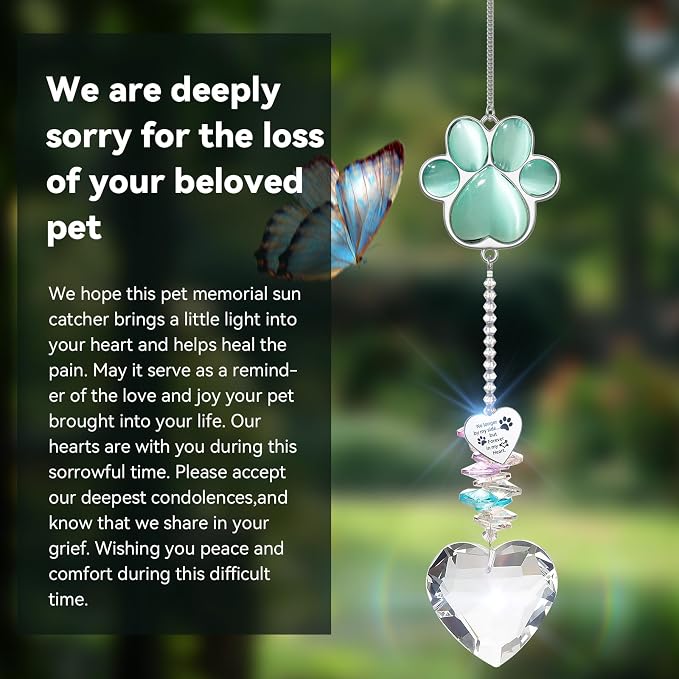 Dog Memorial Gifts, Pet Memorial Suncatcher, Loss of Dog Sympathy Gift | Thoughtful Dogs and Cats Bereavement Remembrance Gifts, Natural Cat's Eye Stone Paw Crystal Suncatcher