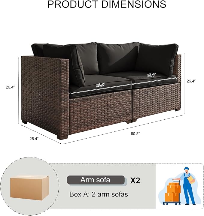 2 Pieces Patio Furniture Set, Outdoor PE Rattan Sectional Sofa with Soft Cushions for Backyard, Porch, and Poolside (Black, 2 PCS)