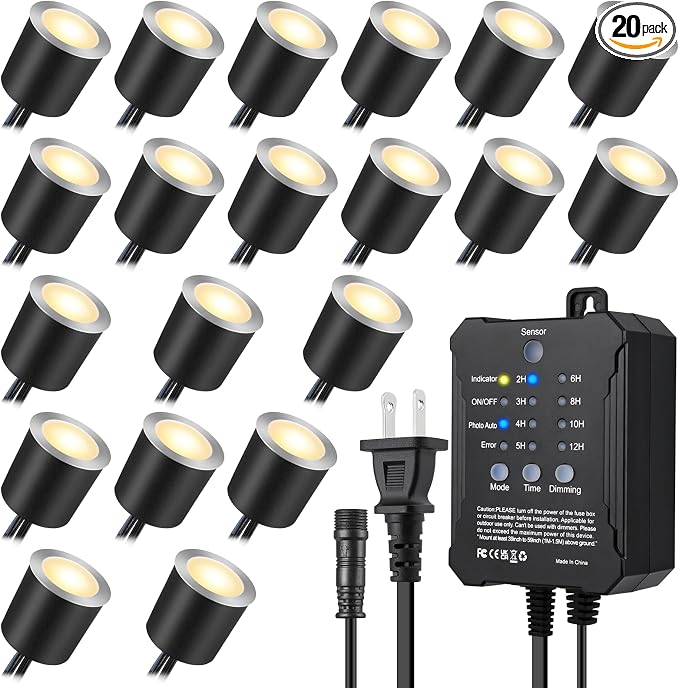 Dimmable LED Deck Lights with Timer and Photocell Sensor and Protecting Shell φ32mm,20Pack Outdoor LED Smart Deck Lighting IP67 Waterproof for Garden,Yard Stair, Patio, Floor Decoration