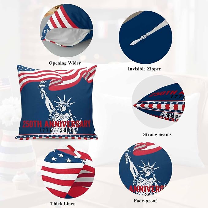 250th Anniversary Outdoor Pillow Covers 18"x18" Set of 2, Statue of Liberty Independence Day Waterproof Throw Pillow Covers for Patio Furniture, Decorative Cushion Covers for Porch