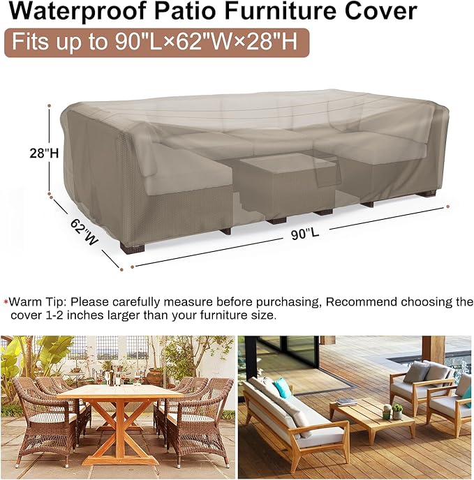 Mrrihand Heavy Duty Patio Furniture Covers, Outdoor Furniture Covers Waterproof Sectional Sofa Set , Patio Table and Chair Set Cover 90"L×62"W×28"H,Brown