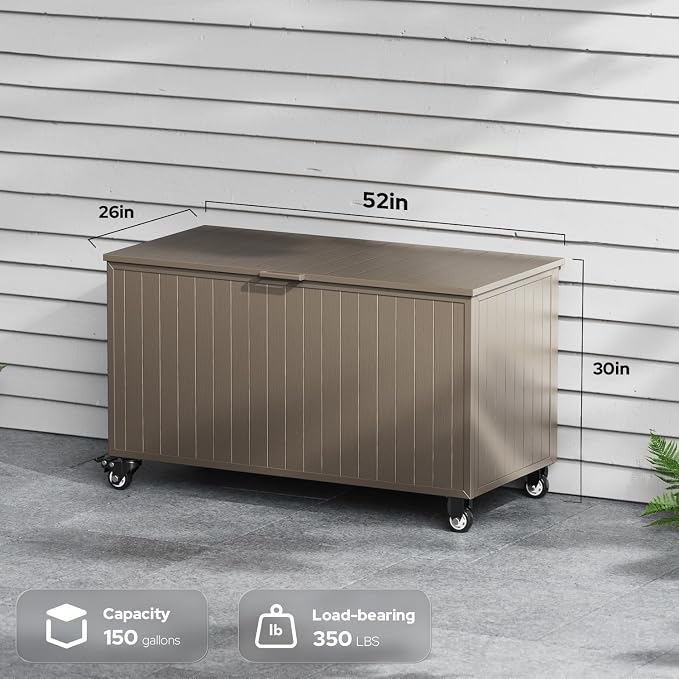 Outdoor Storage Box with Wheels 150 Gallon, Mobile Aluminum Deck Boxes Outdoor Waterproof, UV Resistant Patio Storage Box with Lid for Patio Furniture, Garden Tools, Outdoor Cushion (Brown)