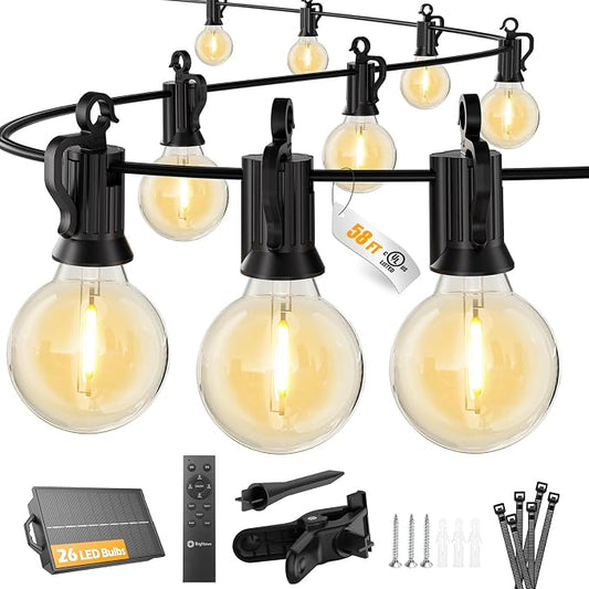 Brightown 58FT 26LED Solar String Lights Outdoor with Remote & USB Port | Shatterproof Bulbs, Dimmable & Timable, 3 Modes, Solar Patio Lights with a Mount Clip for Camping Backyard Garden Decor
