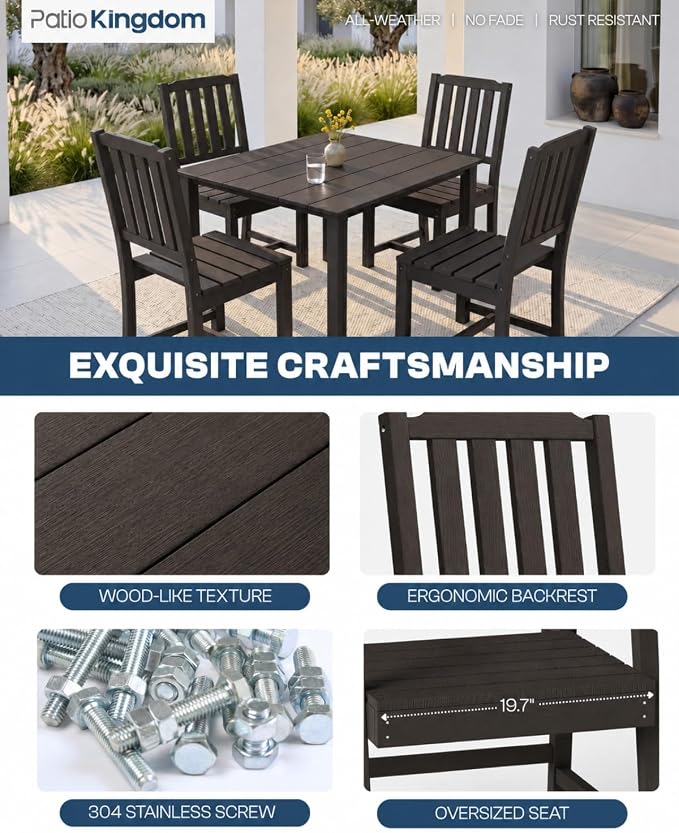 HDPE Outdoor Dining Set for 4, Square Table and Chairs, Brown | All-Weather HDPE, Wood Grain Finish, 42.5" Square Table, Built-In Umbrella Hole, Seats 4, Patio & Poolside Ready