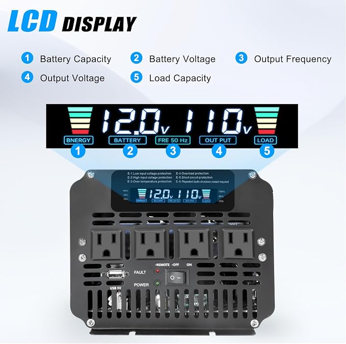 Cantonape 4000 Watt Power Inverter, Car Inverter 12V DC to 110V/120V AC Converter with LCD Display, 4 AC Outlets, USB Port & Remote Controller for RV, Truck, Off-Grid Solar System