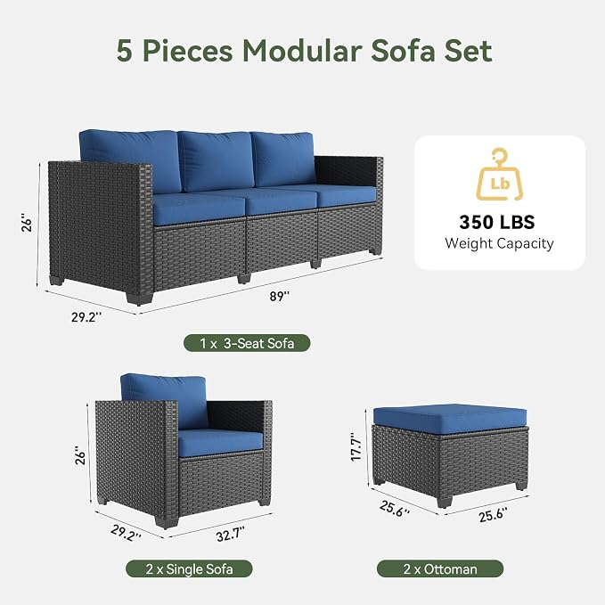 Aoxun 1 Piece 3-Seats Sofa Patio Furniture Set, Wicker Outdoor Furniture Conversation Set with 4" Thick Cushions for Deck Yard and Poolside Navy Blue
