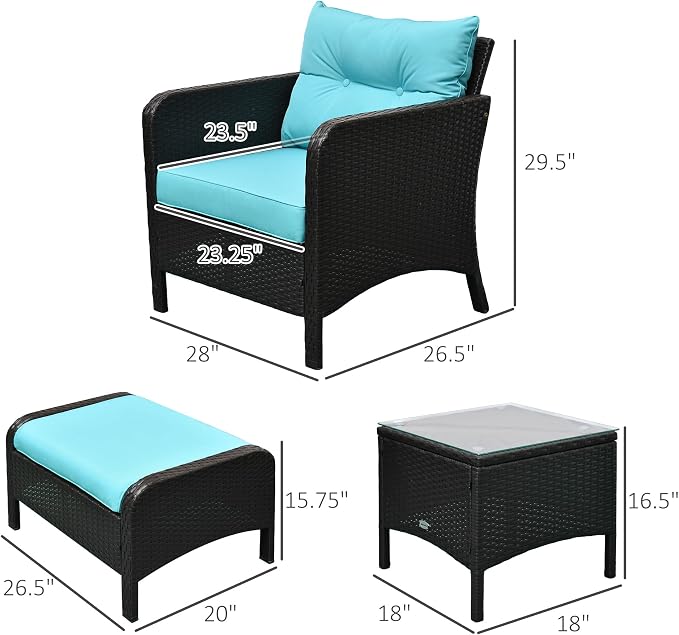 Outsunny 5 Pieces Rattan Wicker Lounge Chair Outdoor Patio Conversation Set with 2 Cushioned Chairs, 2 Ottomans and Tempered Glass Top Coffee Table, Brown/Blue