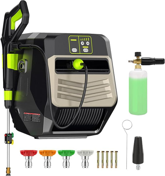 Wall Mounted Pressure Washer - Max 5500 PSI 3.6 GPM, 5 Levels Power Washer with 66FT Retractable Hose for Car/Driveway, Automatic Rewind, Any Length Lock, Black