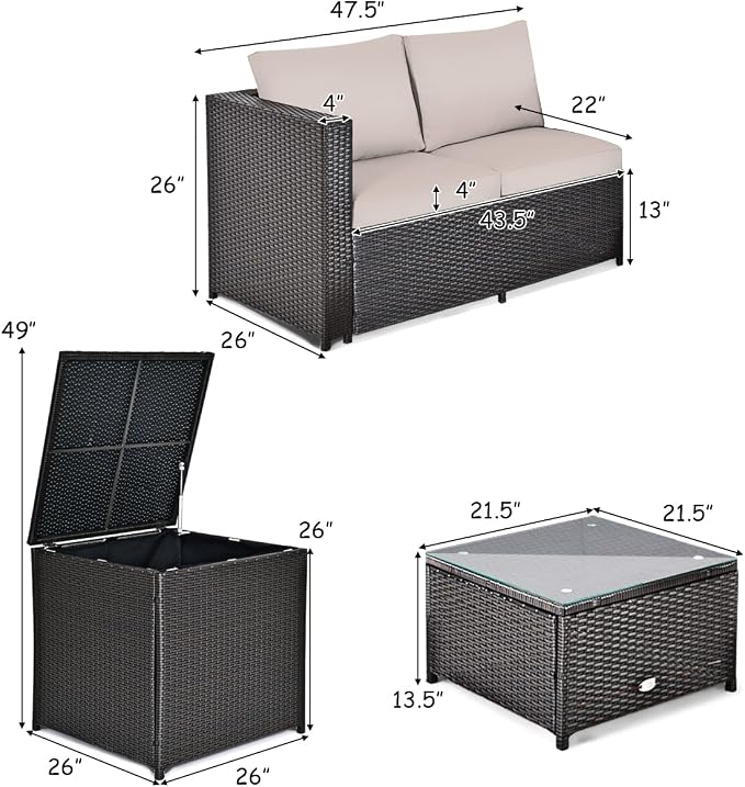 Tangkula 4 Piece Wicker Patio Set with Storage, All Weather-Proof Outdoor Conversation Set, with Loveseat, Glass Top Coffee Table & Storage Box, Suitable for Garden, Poolside, Sunroom (1, Brown)