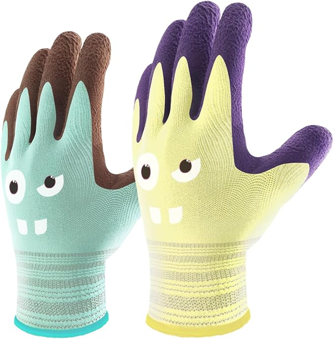 COOLJOB 2 Pairs Modal Toddler Work Gloves Ages 9-12, Rubber Coated Kids Gardening Gloves for Children, Ultra Soft Skin-friendly (Little Monster Series, Large L)