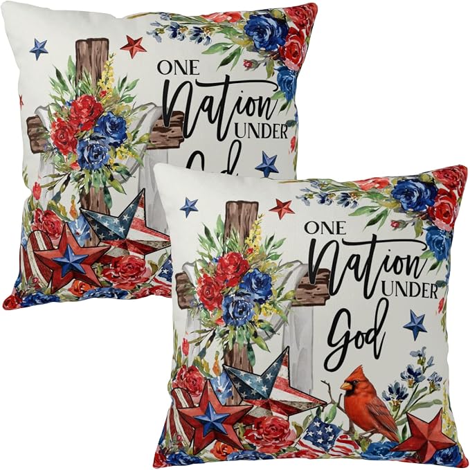 Patriotic Throw Pillow Covers 4th of July Memorial Day Pillow Covers 16x16 Set of 2 Stars Stripes Pillow Cases Floral Cross American Flag Cushion Case for Home Bedroom Living Room