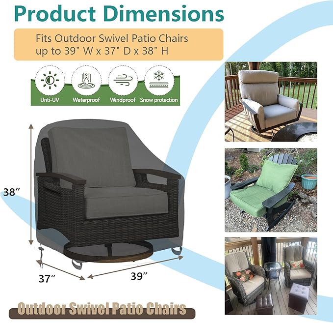 Outdoor Swivel Lounge Chair Cover 2 Pack,Waterproof Heavy Duty Outdoor Chair Covers, (39" W x 37" D x 38" H) Patio Furniture Cover for Swivel Patio Lounge Chair, Black