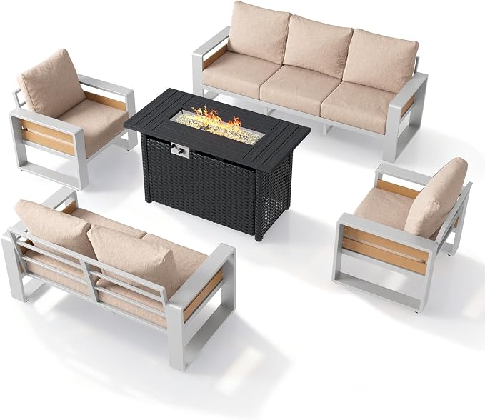 Aoxun Aluminum Patio Furniture Set with Fire Pit Table, 5 Piece Luxury Outdoor Sectional with 6" Olefin Fabric Cushions, Patio Conversation Sets with Waterproof Cover for Backyard, Porch Beige