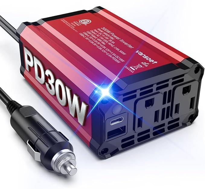 【2026 Upgraded】 300W Car Power Inverter - vansoet DC 12V to 110V AC(2 Outlets) Power Inverters with PD30W & QC18W Fast Charging Port - Car Charger Cigarette Lighter Adapter for Laptop/Phone/Road Trip