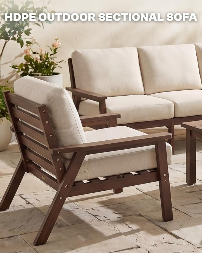 AreShark 3-Piece HDPE Patio Conversation Set, All Weather Outdoor Couch Set with Thick Cushions, Outdoor Sectional Outdoor Sofa Set for Lawn, Deck, Backyard, Brown & Beige