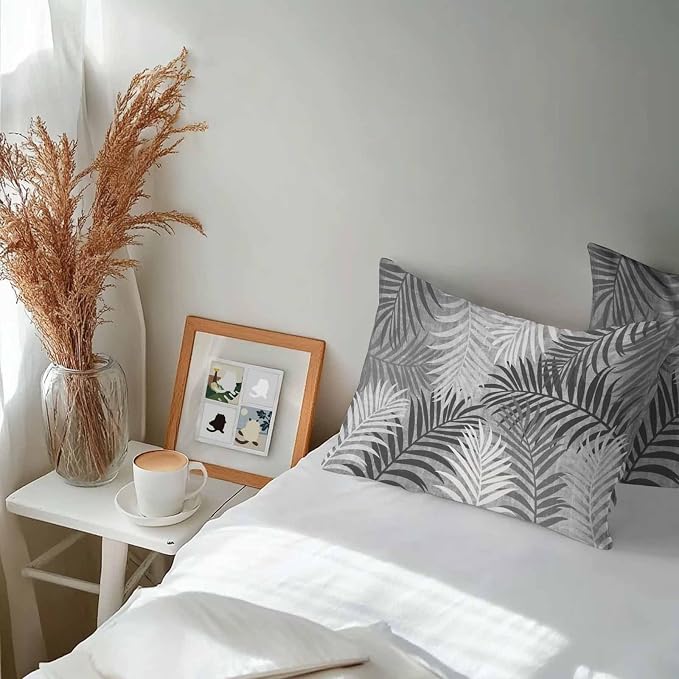 Gray Palm Leaves Waterproof Outdoor Pillow Covers Set of 2 Home Decor, Summer Tropical Leaf Plant Lumbar Pillowcase Patio Pillow Covers for Couch Bench Patio Furniture Garden 20x12in