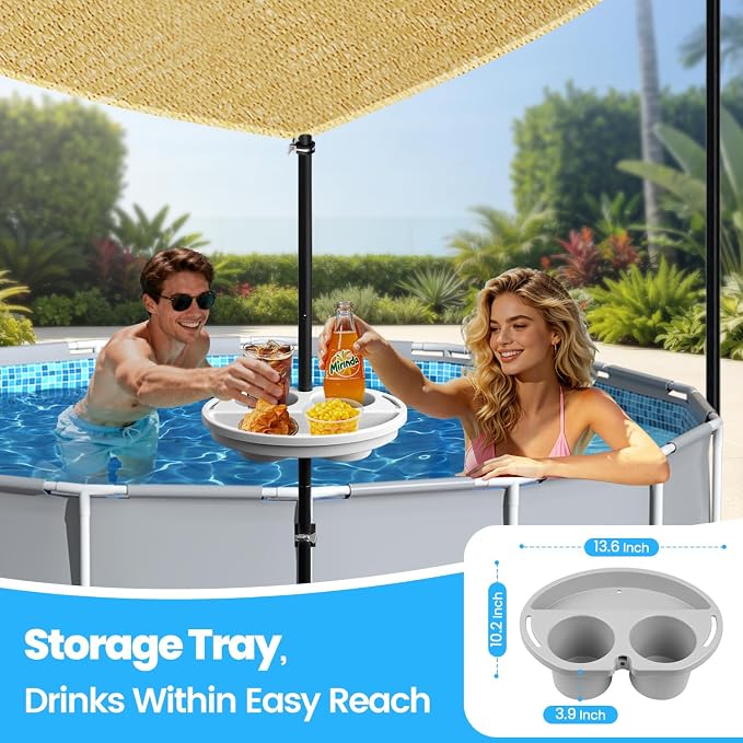 Pool Shade Set for 11-16 Ft Above Ground Pools - UV-Resistant Shade Sail Triangular 10'x10'x10' with Storage Tray, Outdoor Sun Shade Canopy with Poles for Deck, Patio, Garden, Pool Accessories