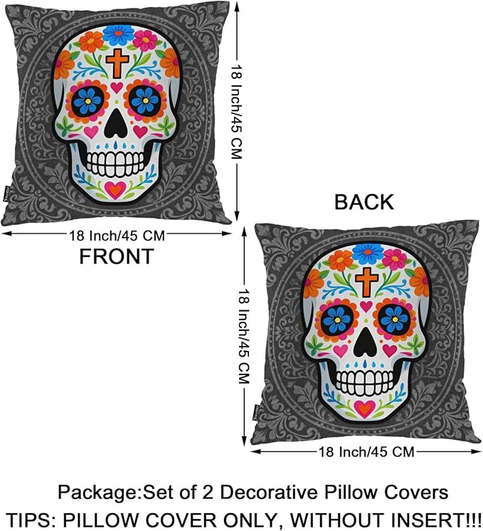 Swono Sugar Skull Set of 2 Square 18x18 Inch Throw Pillow Cover Mexican Day of The Dead Sugar Skull Rose Soft Pillowcases Pillow Cushion Covers for Home Sofa Couch Garden Bench Car Decoration