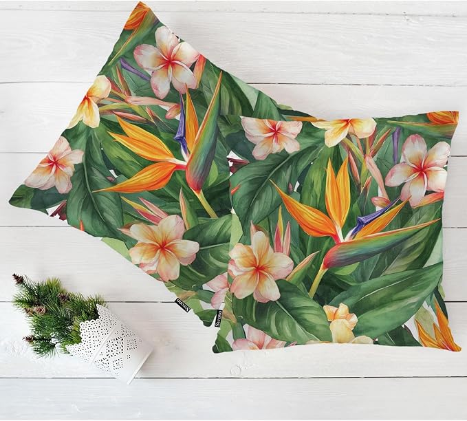 Swono Tropical Flowers Set of 2 Decorative Throw Pillow Covers Cushion Case, Exotic Bird of Paradise Floral Pillowcase Cozy Pillow Cover for Couch Sofa Bed Garden Chair Car 18 X 18 Inch