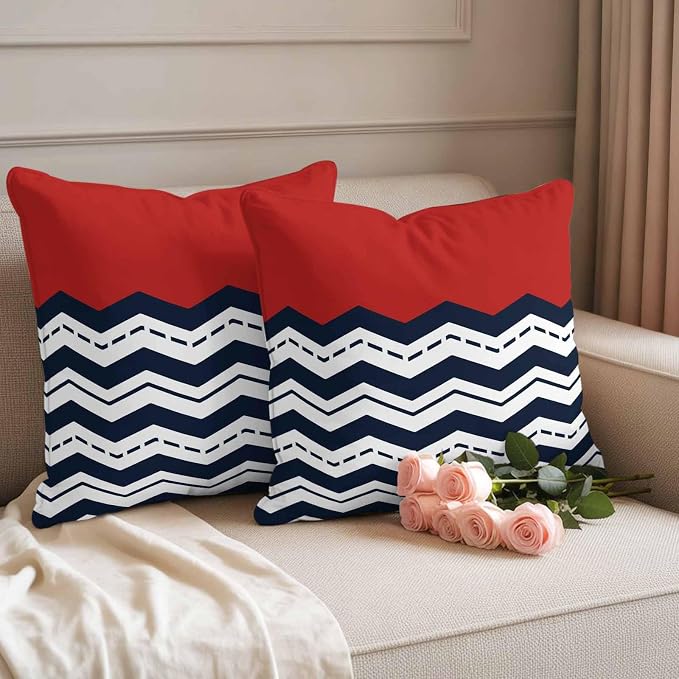 Black Chevron Waterproof Outdoor Pillow Covers Set of 2 Home Decor, Geometric Navy Blue White Sea Wavy Striped Pillowcase Patio Pillow Covers for Couch Bench Furniture Garden 26x26in
