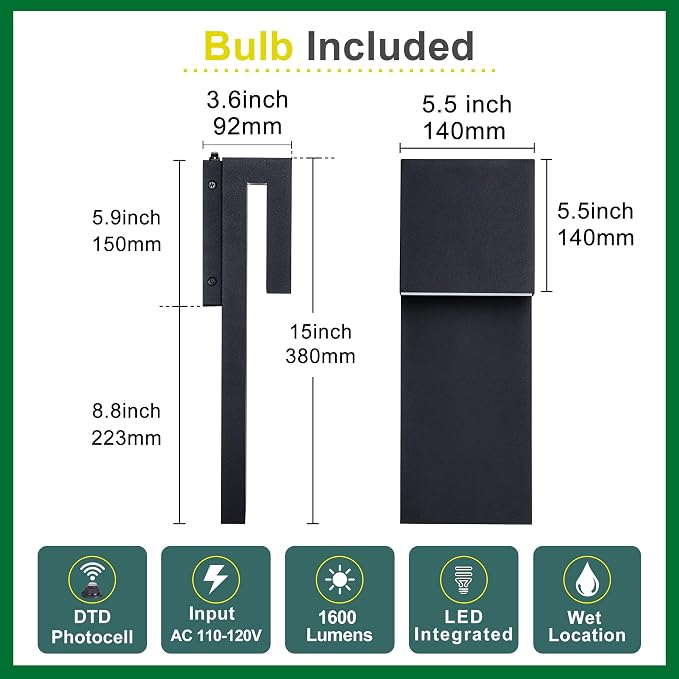 Tarentlight Dusk to Dawn Outdoor Wall Lights 2 Packs,Modern Minimalist Outdoor Fixture Wall Mount,Anti-Rust Sturdy & Sleek Outside Lights for House Porch Garage Patio,3000K 17W Integrated LED