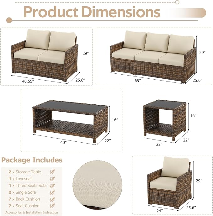 U-MAX Patio Furniture Set with Two Table, 7 PCS Outdoor Furniture for Garden