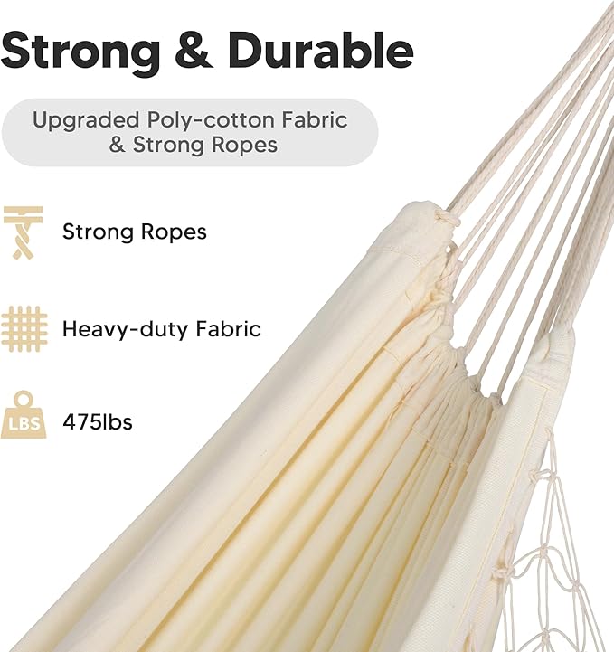 SUNCREAT Hammocks Outdoor Camping Double Hammock with Tassel, 2 Person Hammock for Camping, Beige