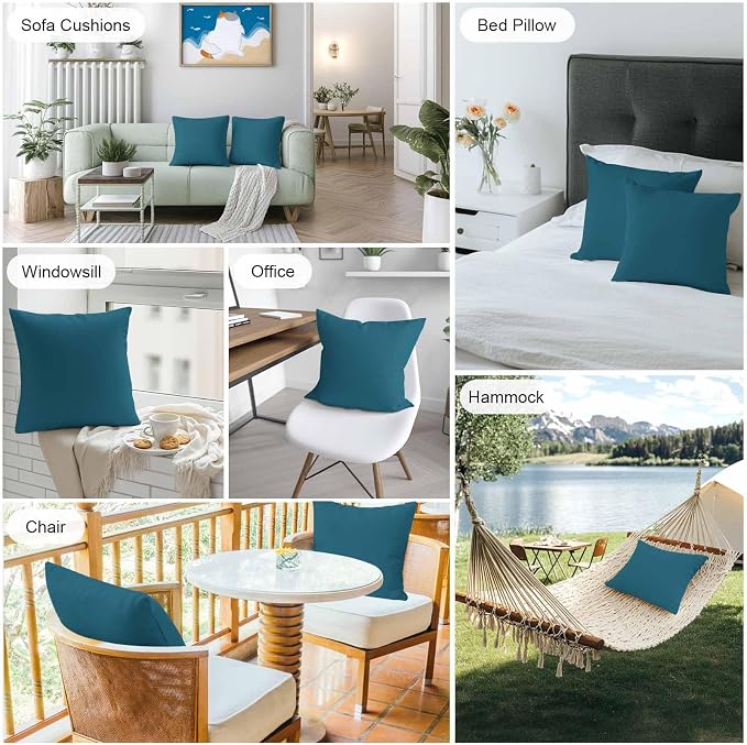Vandarllin Outdoor Throw Pillows Covers 20x20 inch Set of 2 Waterproof Dark Teal Decorative Zippered Cushion Covers for Patio Furniture, Solid Green Color Lumbar Pillowcases