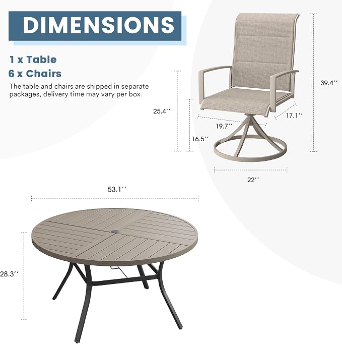 DIFY 7 Piece Outdoor Dining Set, Metal Patio Table and Chairs Set, 53.1" Grey Wood-Like Round Dining Table & 6 Sandshell Padded Textilene Swivel Patio Chairs, Outdoor Furniture Set for Garden Backyard