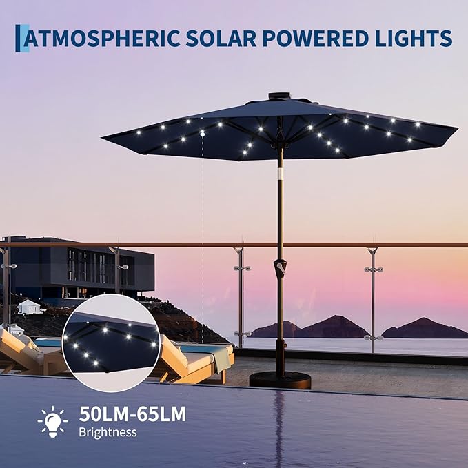 Garvee 10FT Solar Patio Umbrella with 32 LED Lights - Outdoor Table Umbrella with Crank Lift, Push Button Tilt and 8 Sturdy Ribs - Market Umbrella UV Protection for Pool, Deck, Yard, Garden -Navy Blue