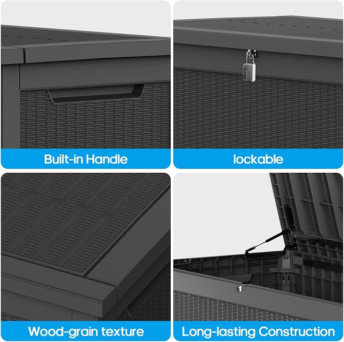 PatioZen 320 Gallon Outdoor Deck Box,Waterproof Resin Outdoor Storage Boxes, Outside Storage Lockable Container for Garden Tools,Indooor Cushions,Accessories (Black)