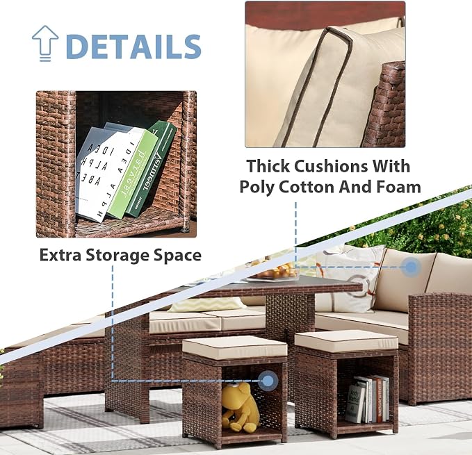 JOIVI 7 Piece Patio Furniture Set, Patio Dining Sofa Set, Outdoor Sectional Sofa Conversation Set All Weather Wicker Rattan Couch Dining Chair & Table with Ottoman, Brown Rattan Beige Cushion