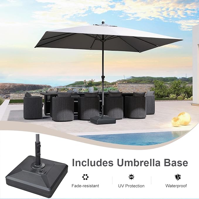 PURPLE LEAF 12' x 9' Rectangle Patio Market Umbrella with Base Outdoor Table Umbrellas Aluminum Frame Sun Shade with 8 Sturdy Ribs for Garden Deck Lawn Pool Light Gray