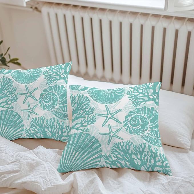Outdoor Pillow Covers 18x18 Inch Set of 2, Teal Coastal Waterproof Throw Pillow Covers, Beach Starfish Nautical Coral Shell Summer Decorative Cushion Pillowcases for Couch, Sofa, Bed, Garden, Patio