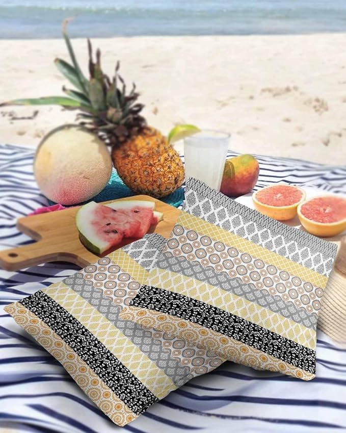 Outdoor Waterproof Throw Pillow Covers Set of 2 Yellow Boho Stripe Tribal Vingtage Lumbar Pillowcases 24x24 Inches Bohemian Style Decorative Pillows Cushion Case Patio Pillows for Couch Bed Garden