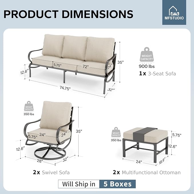 MFSTUDIO 5 Pieces Patio Conversation Sets,Outdoor Metal Furniture Sofas with 1 x 3-Seat Sofa, 2 x Swivel Chairs,2 x Ottoman,Wrought Iron Frame with Beige Cushion for Patio Courtyard Balcony