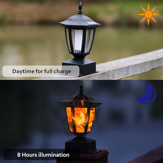 Dynaming Solar Flame Post Lights Outdoor, Solar Powered Lamps Fence Post Cap Lights, Flickering Flame LED Lantern Decorative Waterproof for Garden Deck Patio, Fit 4x4, 5x5 or 6x6 Wooden Posts, 4 Pack