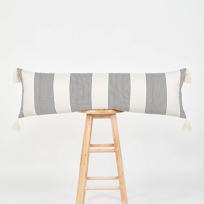 Hofdeco Modern Boho Moroccan Indoor Outdoor Body Lumbar Pillow Cover Only for Bed, Backyard, Couch, Sofa, Black White Stripe Tassels, 12"x40"