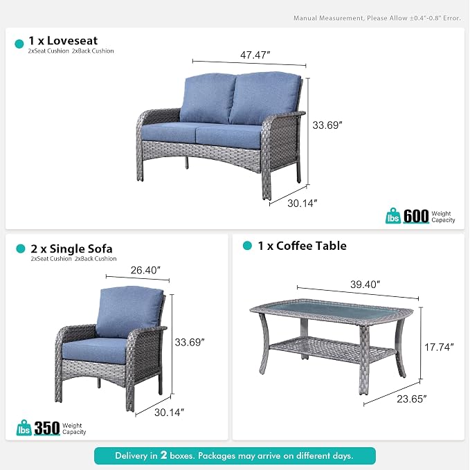 4 Pieces Wicker Patio Furniture - All-Weather PE Wicker Outdoor Conversation Bistro Set Loveseat Chairs with Table,Outdoor Rattan Sofa Chair High Back Deep Seating,Blue